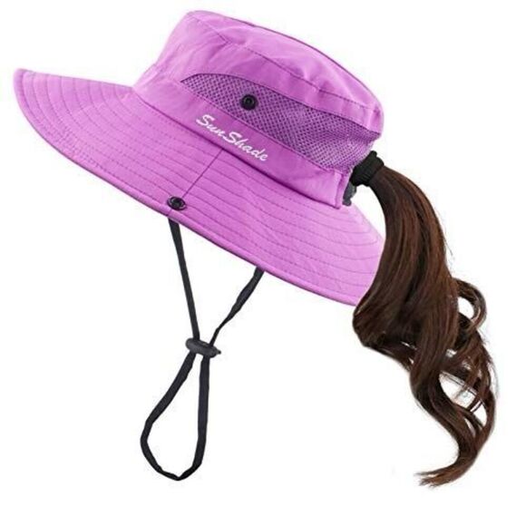 Sun Shade Wide Brim Women's OS Purple Adjustable Ponytail Hole Bucket Hat - Picture 4 of 9